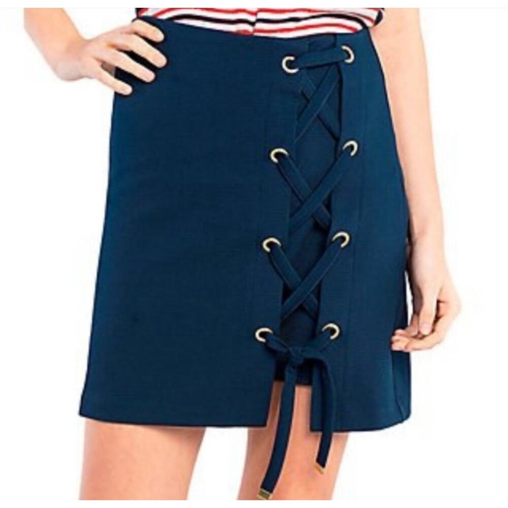 Kensie Women’s Navy Lace-Up Mini Skirt Gold Grommet Textured Back Zip XS
